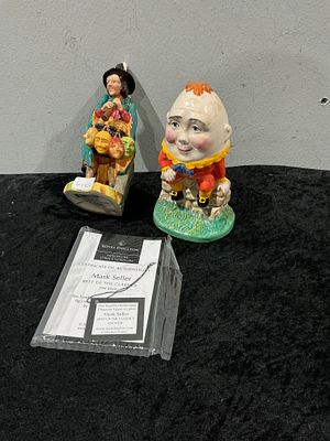 Royal Doulton, Humpty Dumpty and Mask Seller Figurines. This lot features two Royal Doulton 