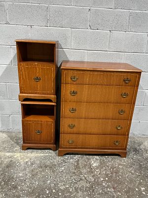 Mid-Century Modern Cherry Veneer Tall Chest and Pair of Bedside Cabinets, Accolade Collection 