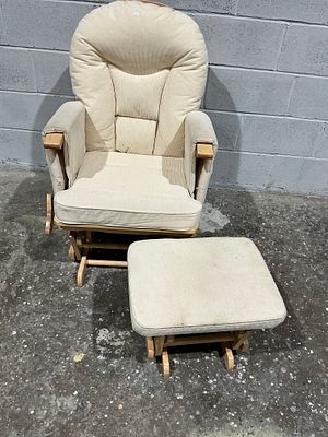 Contemporary Natural Wood Glider Rocker and Matching Ottoman with Cream Corduroy Upholstery. A 