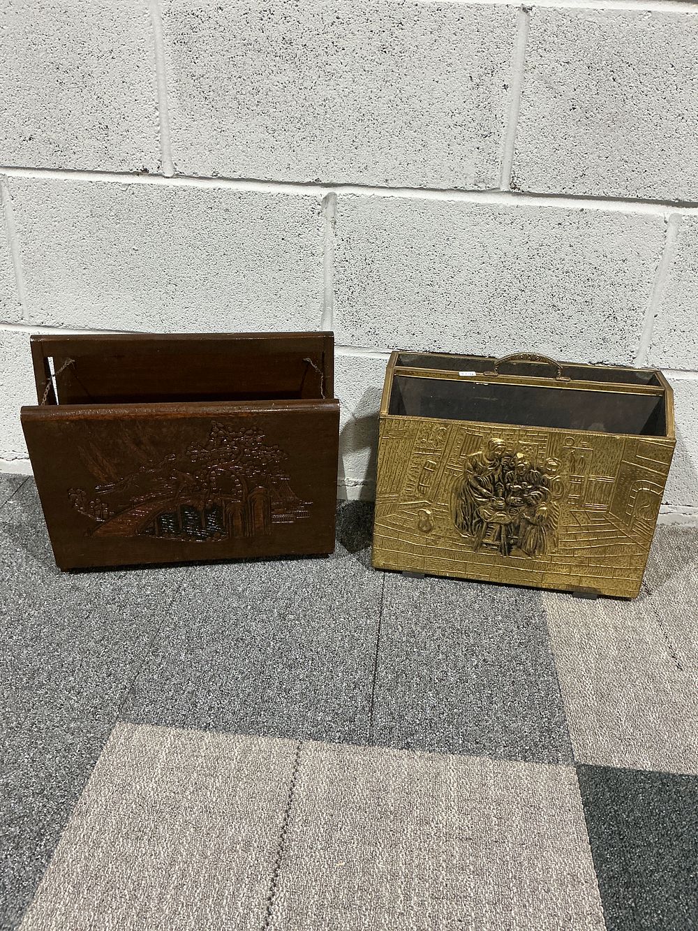 Lot 185: A Pair of Vintage Fireside Storage Items comprising an Embossed Brass Coal Box and a Carved Wooden Magazine Rack
