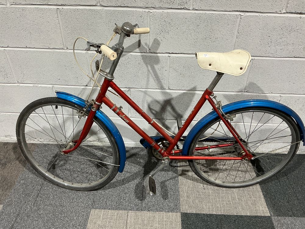 Lot 193: Raleigh Jeep Vintage Step-Through Bicycle, Metallic Red with Blue Mudguards, circa 1970s