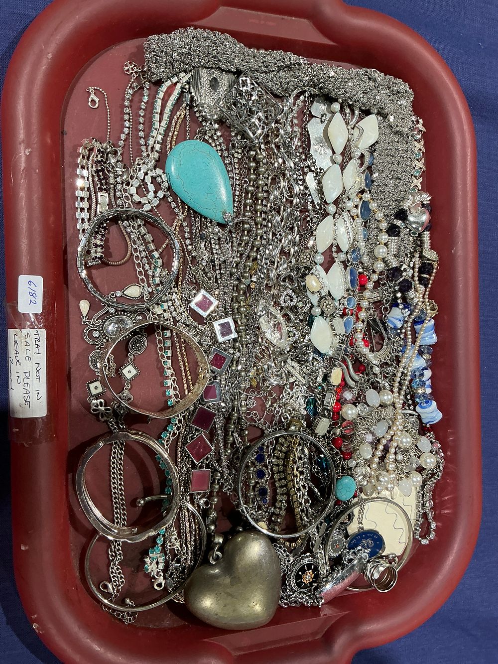 Lot 208: Large Assortment of Silver-Tone Costume Jewellery, Featuring Simulated Pearls, Faux Turquoise, and Rhinestone Accents