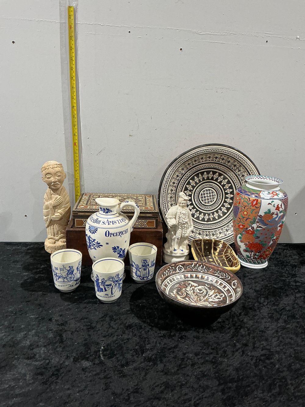 Lot 336: A Diverse Collection of Decorative Arts including an Imari-Style Porcelain Vase, Sgraffito Pottery, and a Persian Khatam Box