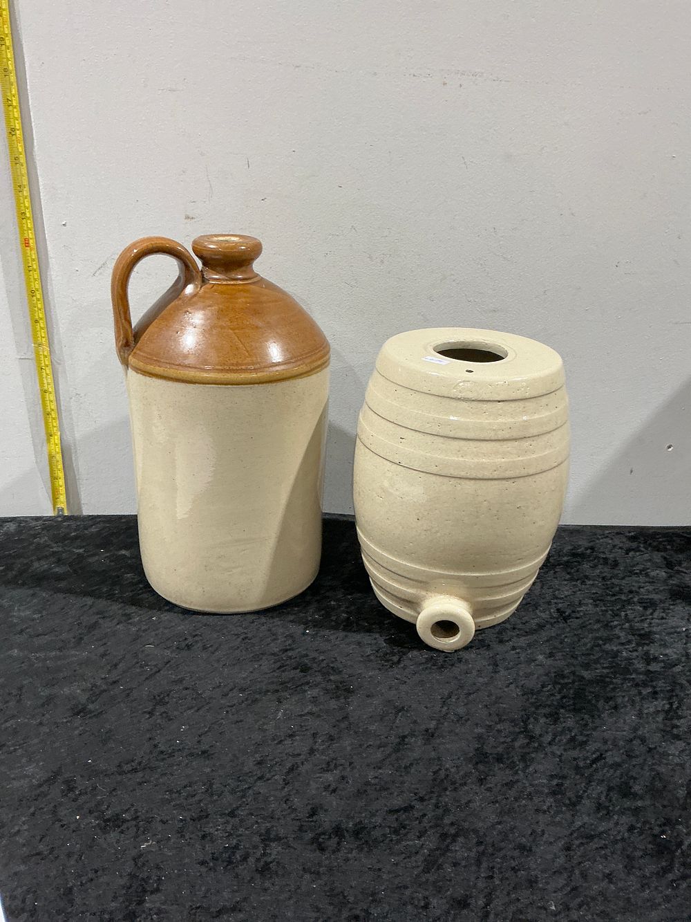 Lot 354: Unmarked Two-Tone and Bristol Glaze Stoneware Shoulder Jug and Barrel Cooler
