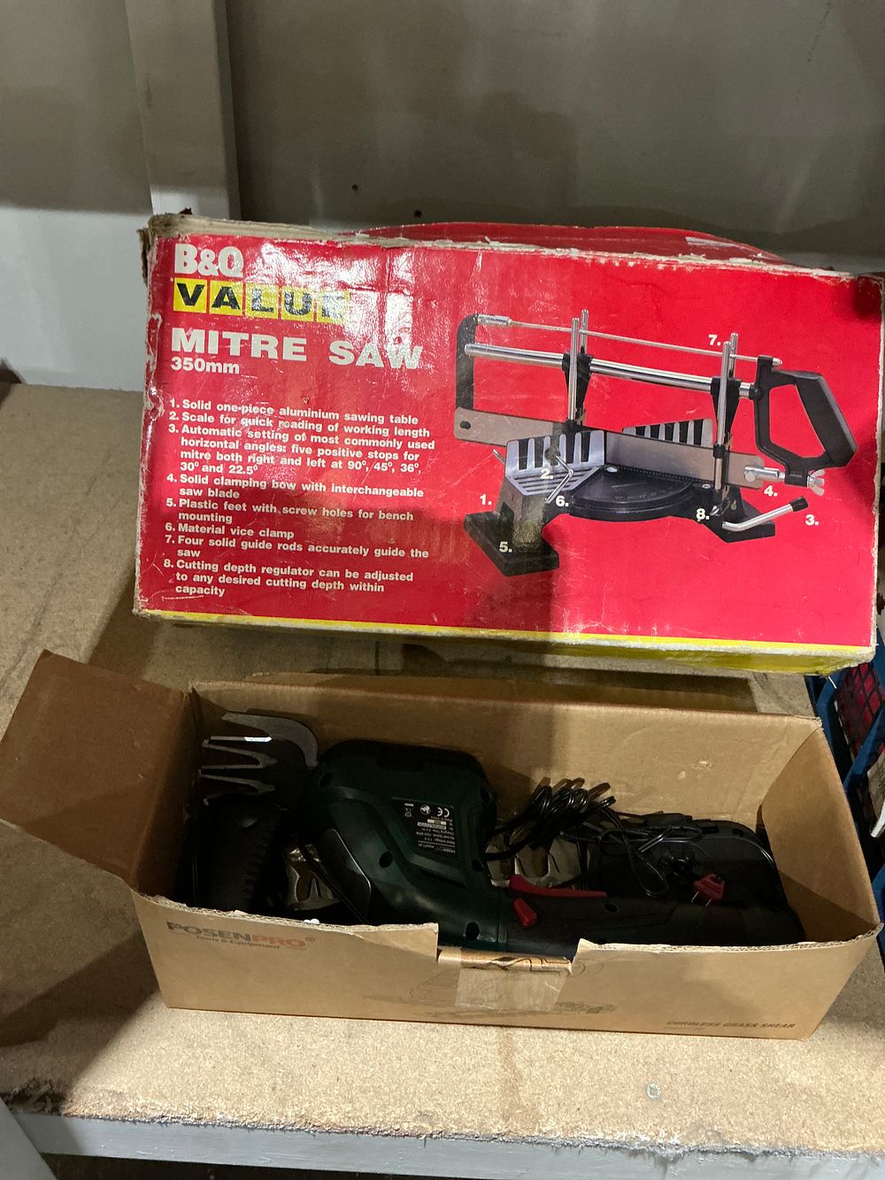 Lot 359: B&Q Value 350mm Precision Mitre Saw and POSENPRO Cordless Grass Shear, Circa 2000-2015