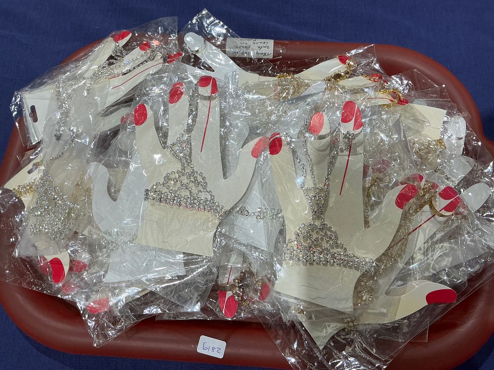 Lot 235: Gold and Silver-Tone Costume Hand Chain Bracelets with Clear Rhinestones