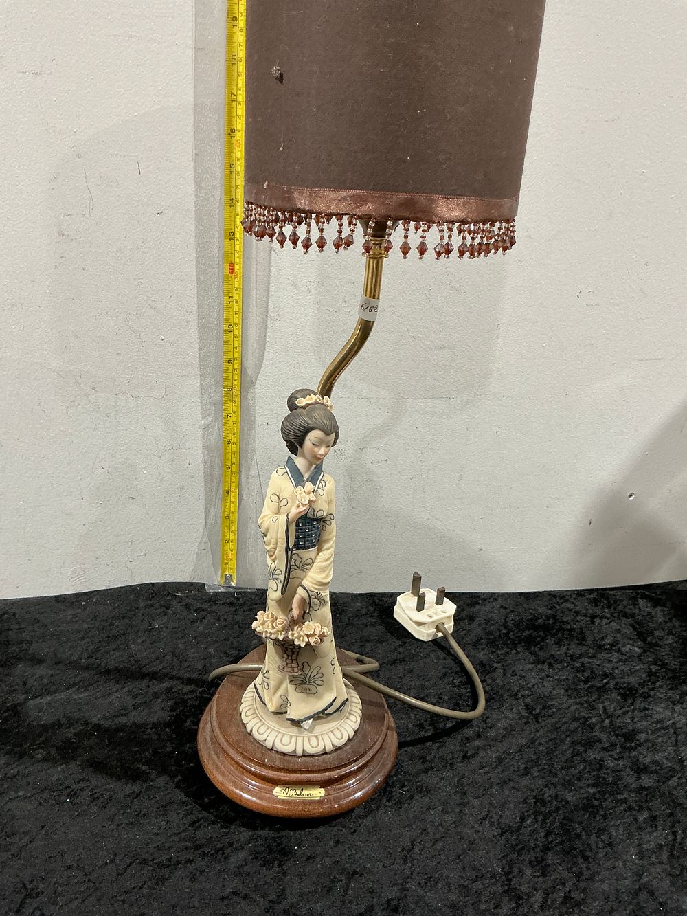 Lot 281: An M. J. Baker Figural Table Lamp in the Japanese Style with Beaded Fringe Shade