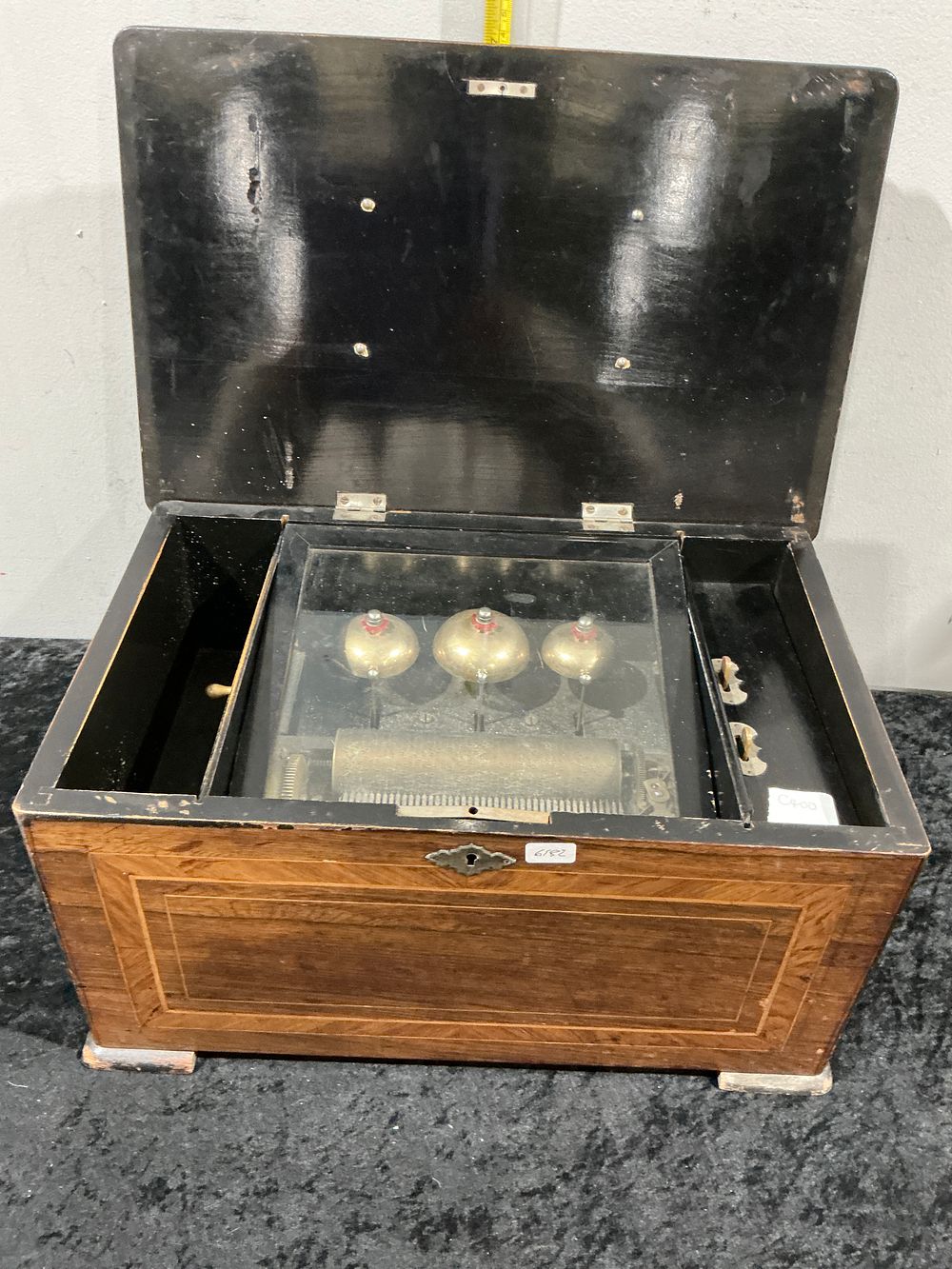 Lot 377: Swiss Bells-in-Sight Cylinder Music Box with Inlaid Case, Circa 1880