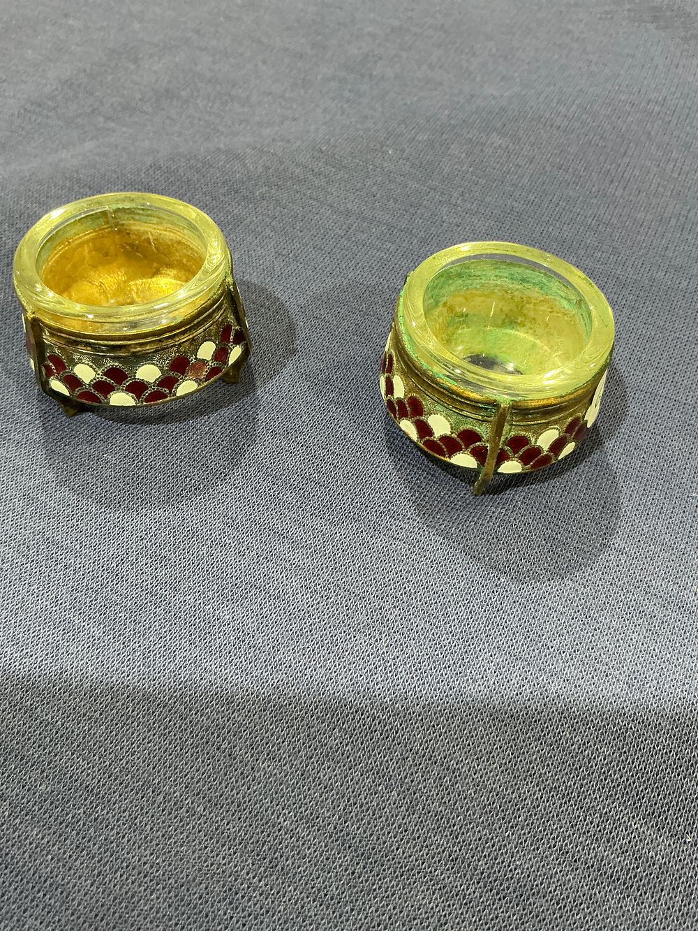 Lot 266: A Pair of Art Nouveau Bohemian Uranium Glass Salt Cellars in Enamelled Mounts by Bommet