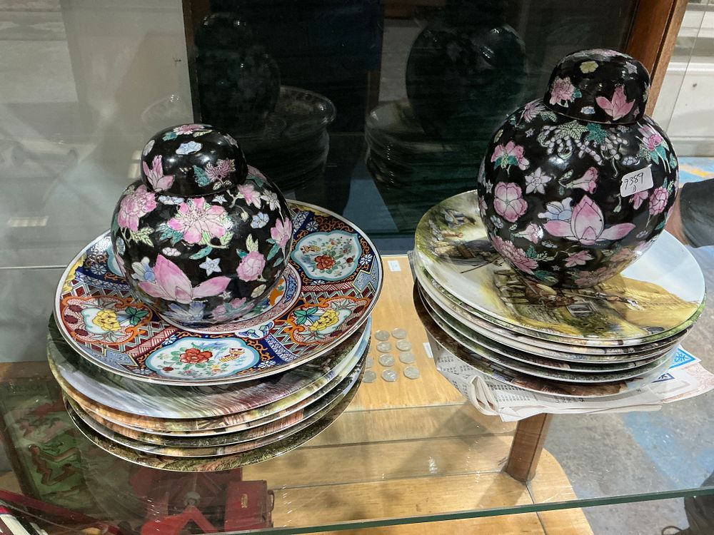 Lot 279: A pair of Chinese Famille Noire porcelain ginger jars and a collection of decorative plates