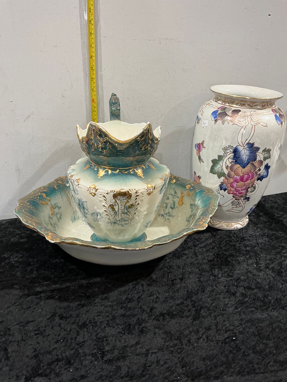 Lot 375: A Late Victorian Style Ceramic Wash Basin and Pitcher Set Together with a Porcelain Baluster Vase