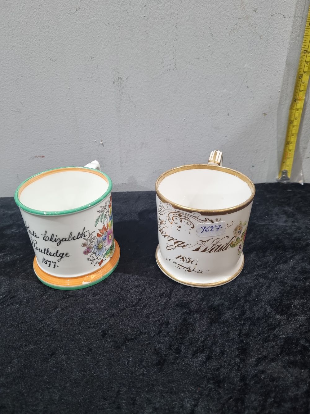 Lot 352: Two Victorian Hand-Painted English Porcelain Presentation Mugs Dated 1850 and 1877