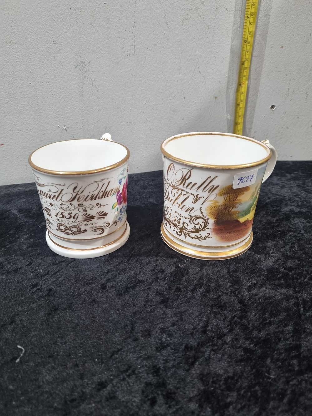 Lot 363: Two Victorian Porcelain Hand-Painted Presentation Mugs Dated 1853 and 1859
