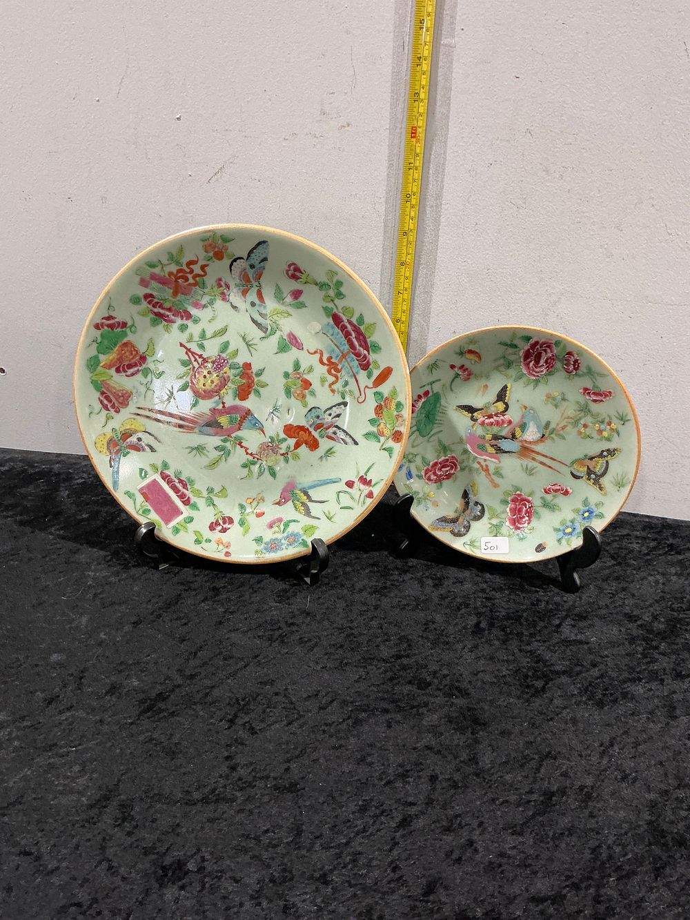 Lot 165: A Pair of Chinese Famille Rose Celadon Ground Porcelain Plates, Late 19th Century