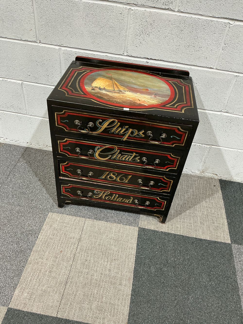 Lot 211: A Victorian Style Hand Painted Maritime Miniature Chest of Drawers dated 1861