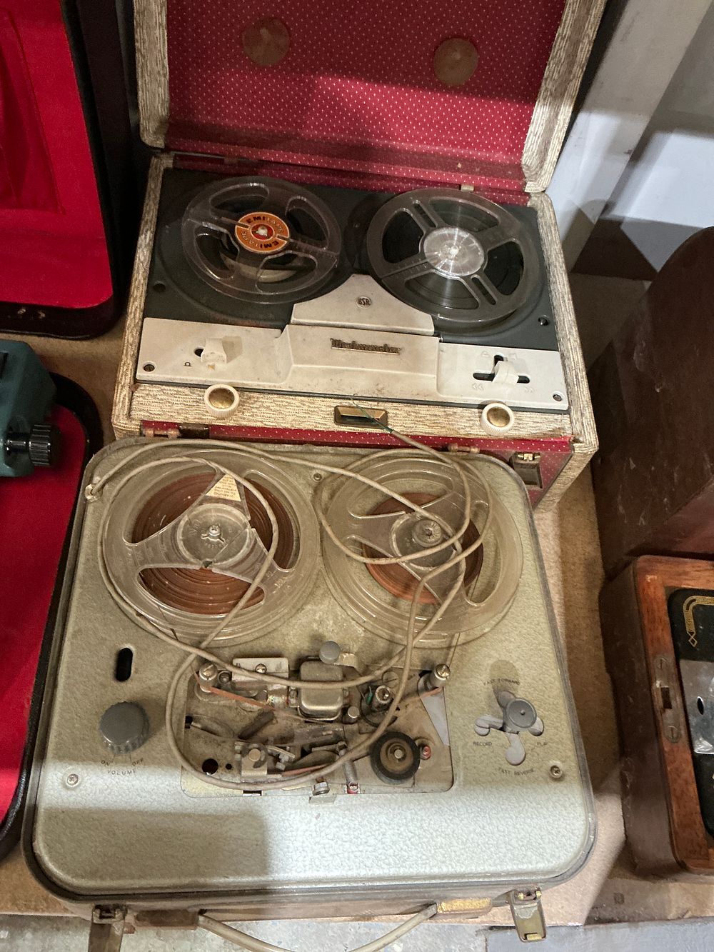 Lot 286: Two mid-20th century portable reel-to-reel tape recorders including a Musicmaster BSR model