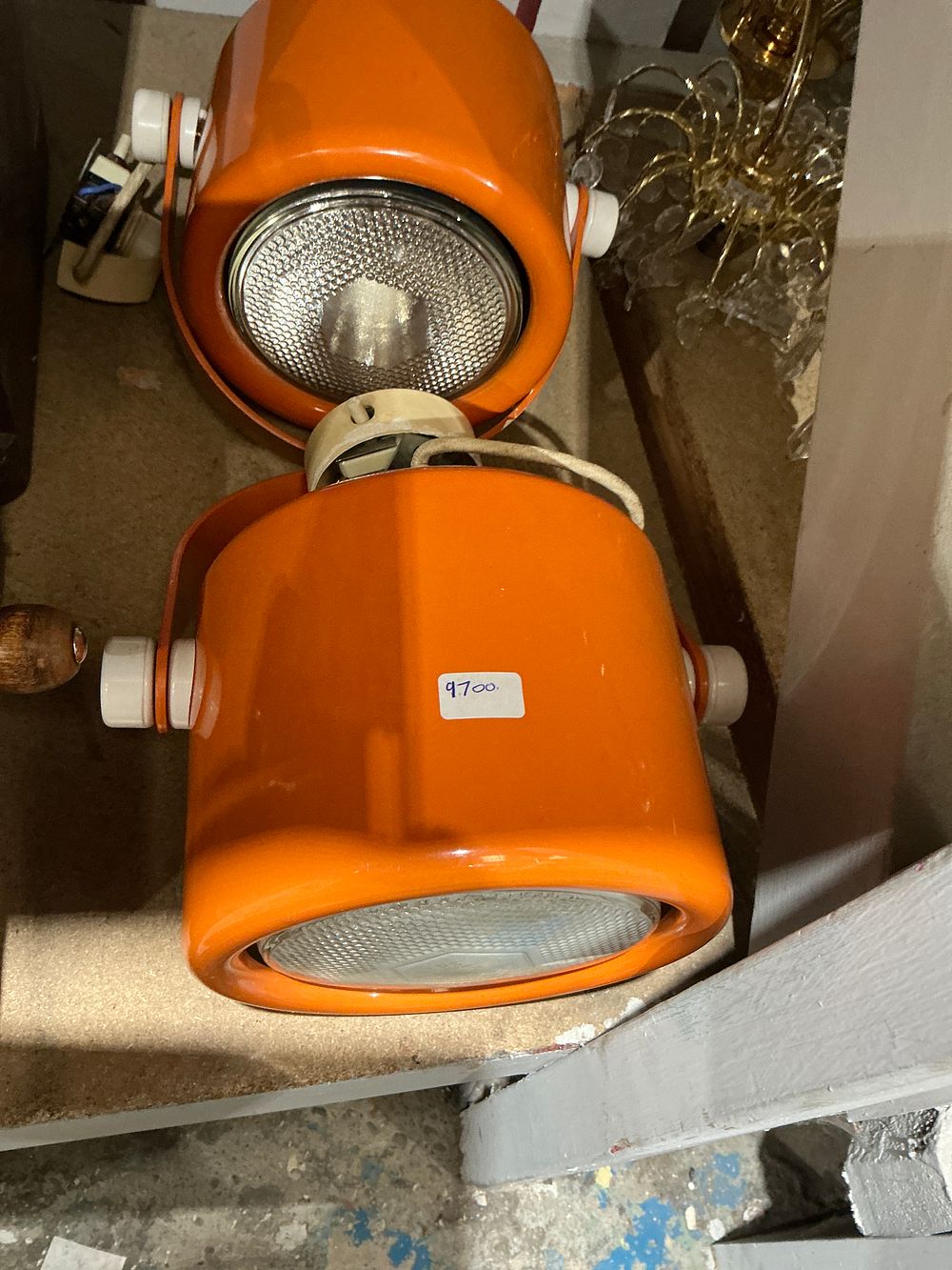 Lot 288: A Pair of 1970s Retro Orange Painted Metal Adjustable Spotlights
