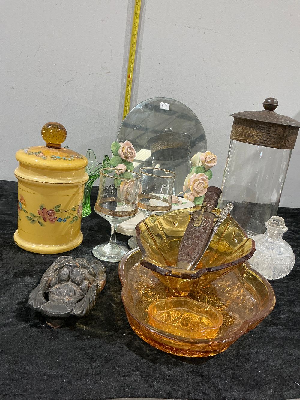 Lot 337: A Collection of Decorative Glassware and Miscellaneous Curios including Amber Pressed Glass and Advertising Glassware