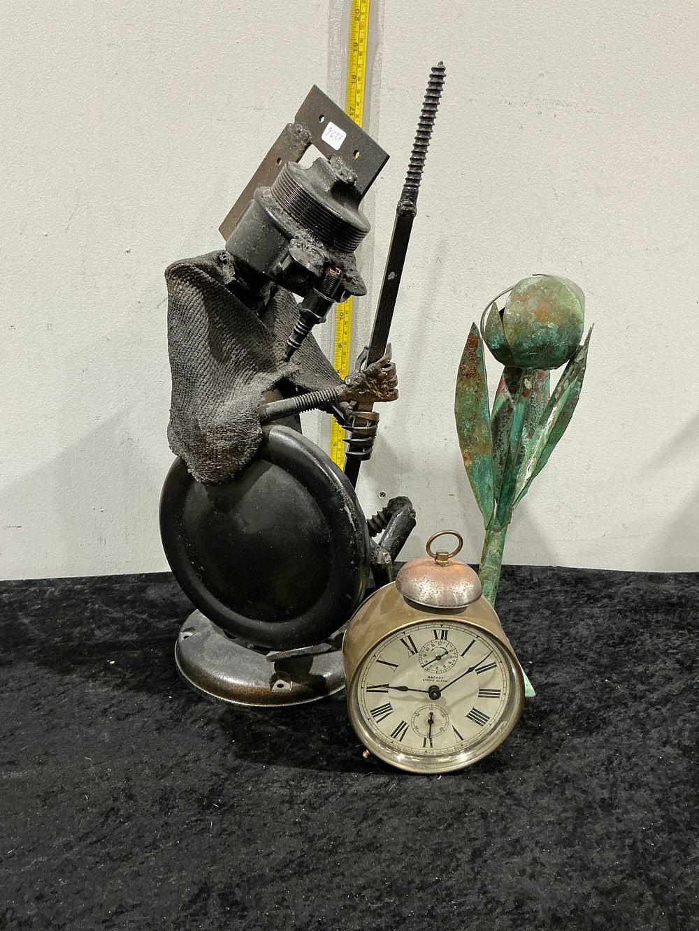 Lot 360: Contemporary Steampunk Assemblage Sculpture with Vintage Alarm Clock and Copper Tulip