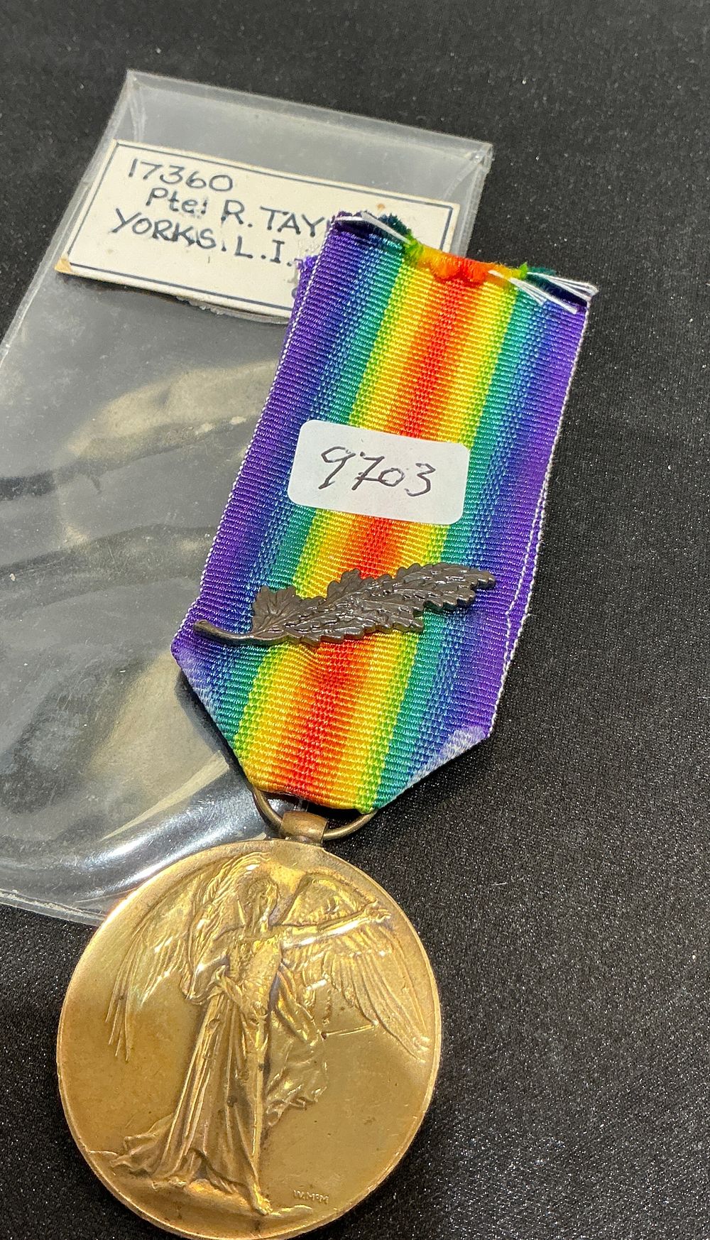 Lot 370: A First World War British Victory Medal with Mentioned in Despatches Oak Leaf, Named to 17360 Pte. R. Taylor, Yorkshire Light Infantry