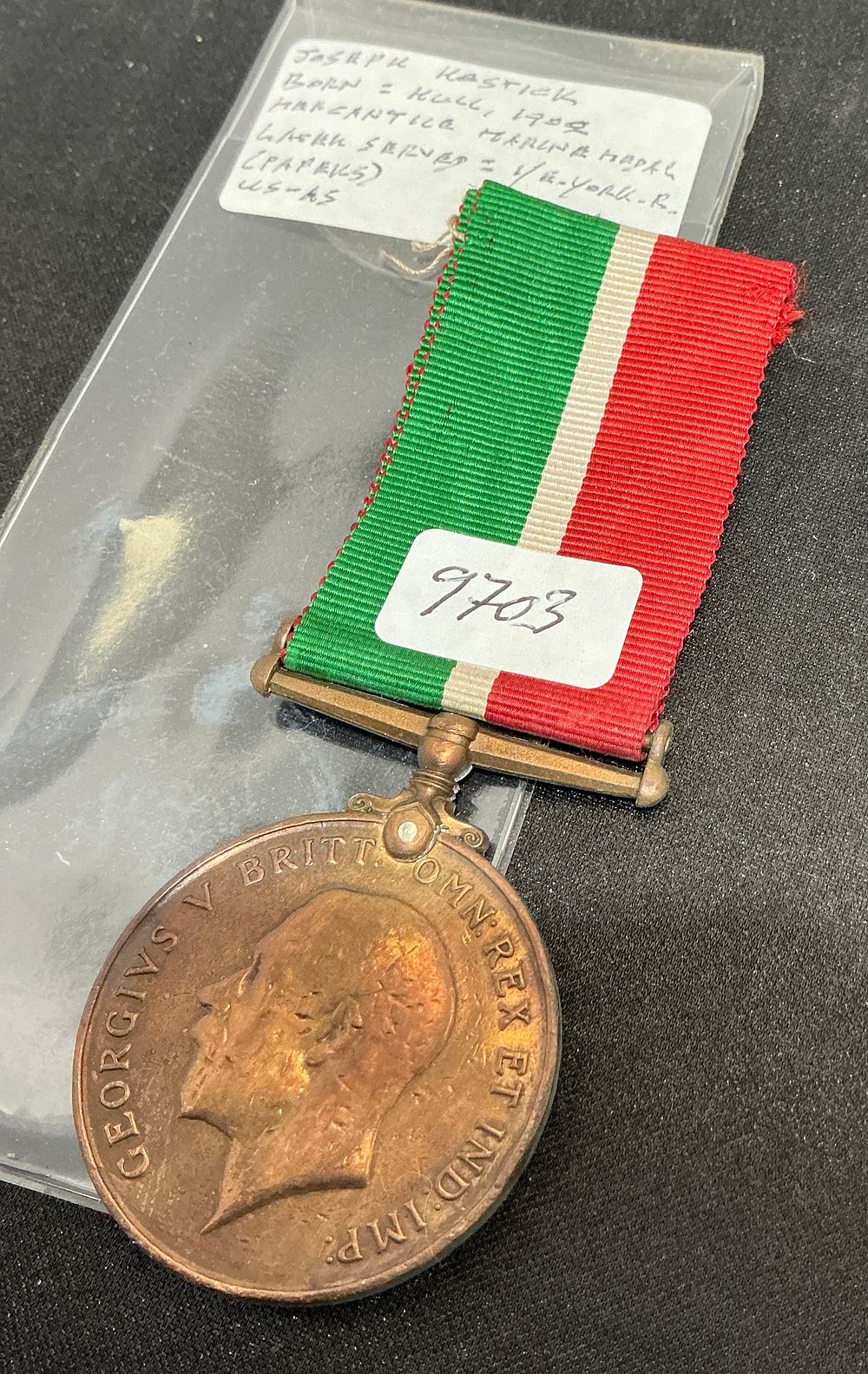 Lot 371: WWI Mercantile Marine War Medal named to Joseph Rastick