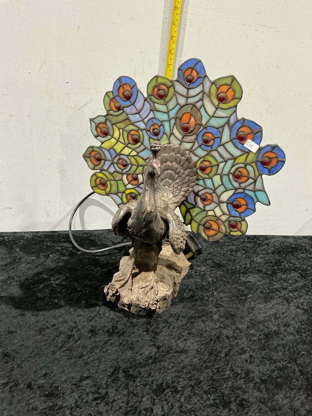 Lot 466: A Late 20th Century Tiffany-Style Bronzed and Stained Glass Peacock Accent Lamp