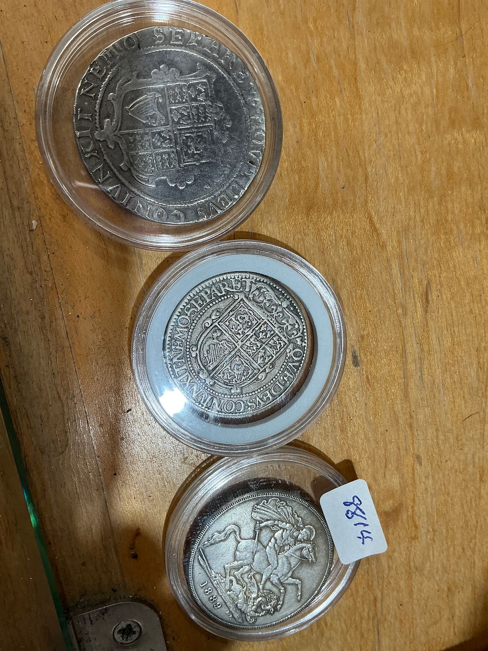 Lot 181: Three UK Silver Coins including a Victoria 1889 Crown and Two James I Hammered Coins