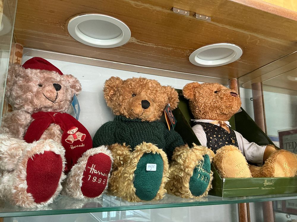 Lot 222: Three Harrods Annual Teddy Bears dated 1991, 1999 and 2012