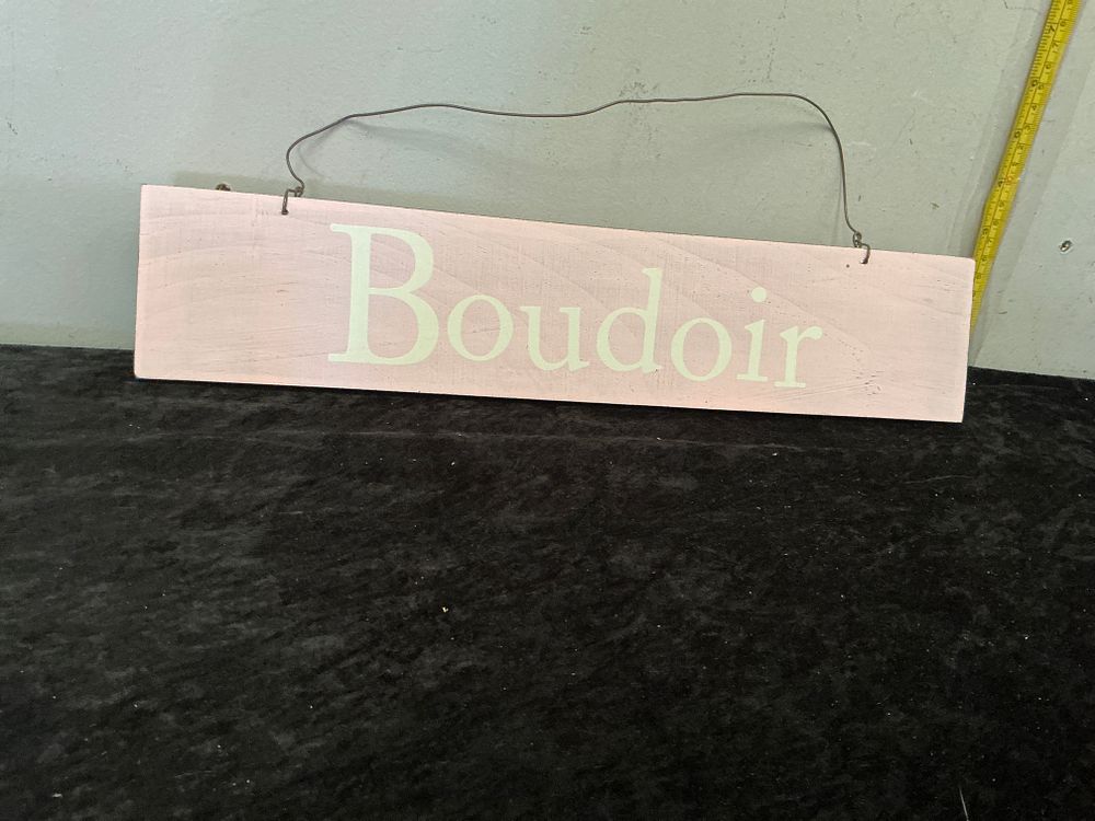 Lot 329: A Box Containing 36 New Boudoir Wooden Hanging Signs