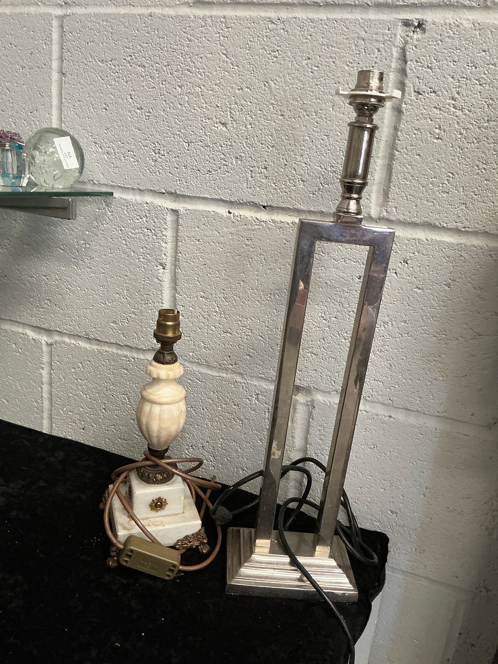 Lot 362: Two 20th Century Table Lamps comprising a Modernist Silvered Metal Lamp and a Carved Alabaster Lamp