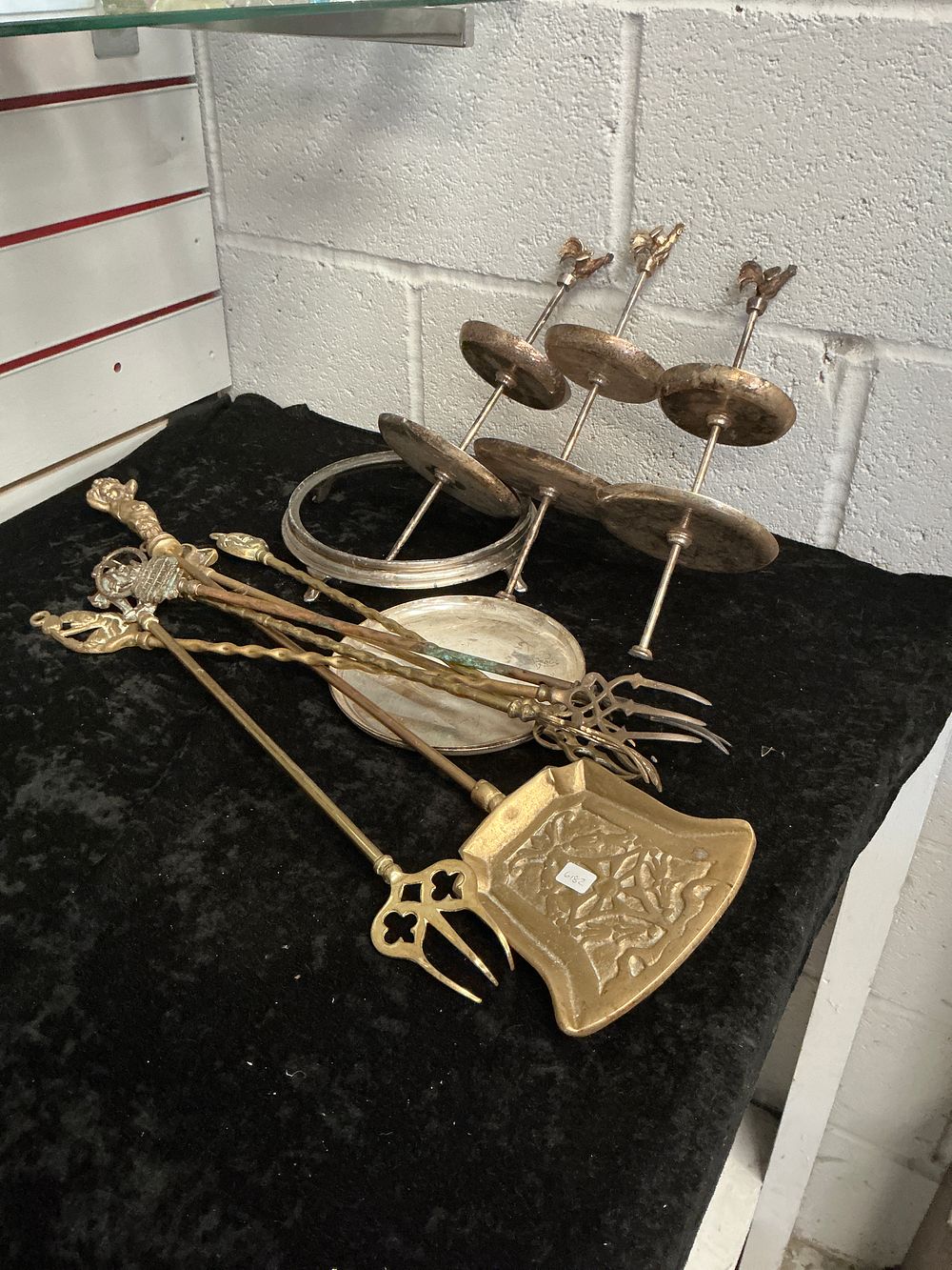 Lot 365: A Collection of Brass and Silver-Plated Metalware including Fireplace Tools and Miniature Display Stands