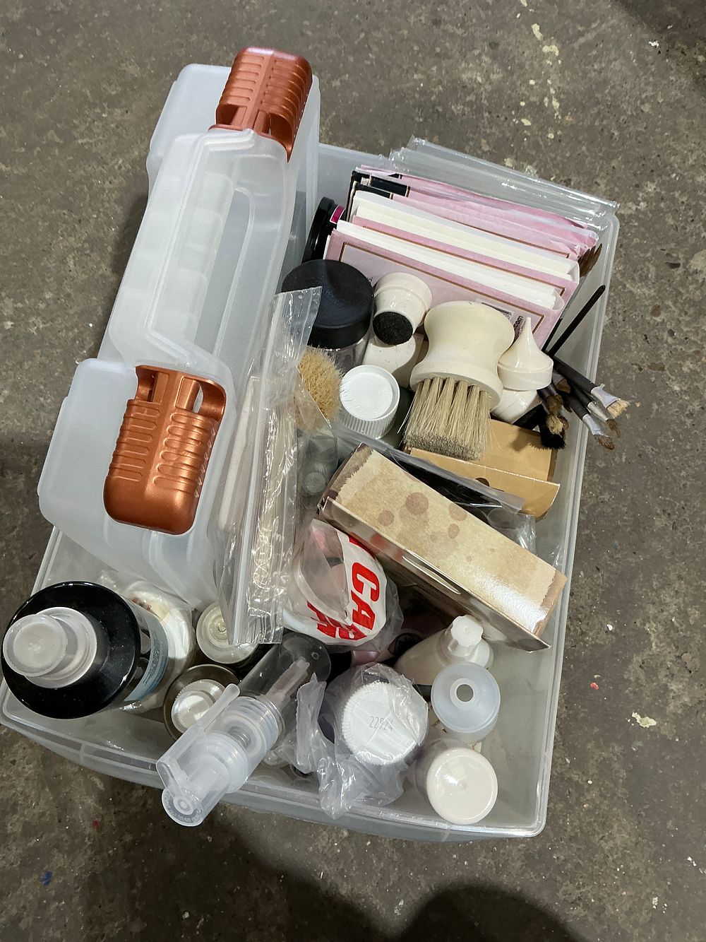 Lot 203: An Assortment of Shoe Care Products, Stationery, and Small Containers in a Clear Storage Bin