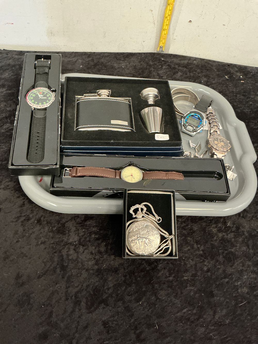 Lot 179: A Collection of Wristwatches, Pocket Watch, and Hip Flask Set