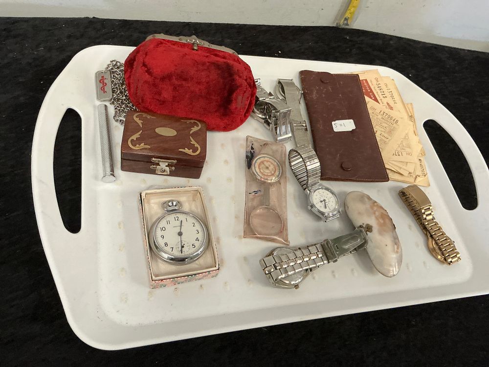 Lot 242: A Collection of Vintage Wristwatches, an Ingersoll Pocket Watch, British Fuel Ration Books, and Personal Accessories