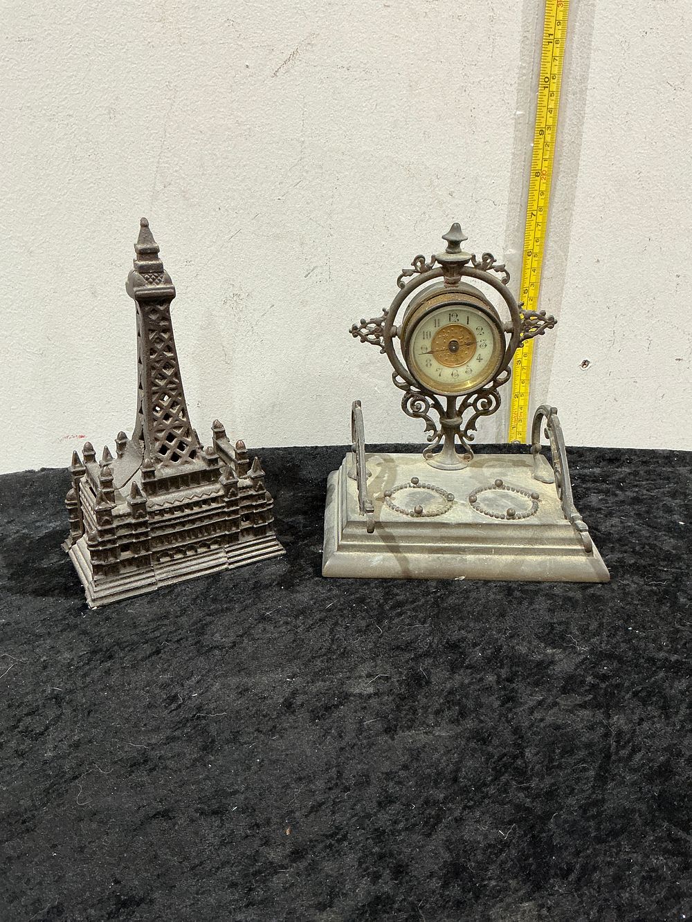 Lot 170: Two French Style Cast Metal Souvenir Items Including a Desk Stand Clock and Eiffel Tower Model