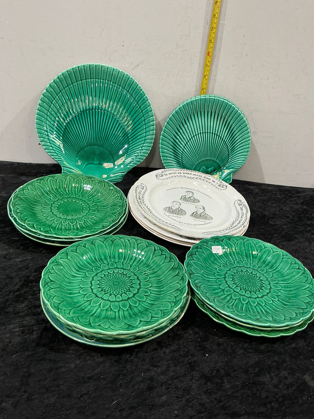Lot 407: An Assortment of Green-Glazed Majolica-Style Earthenware and Commemorative Methodist Plates
