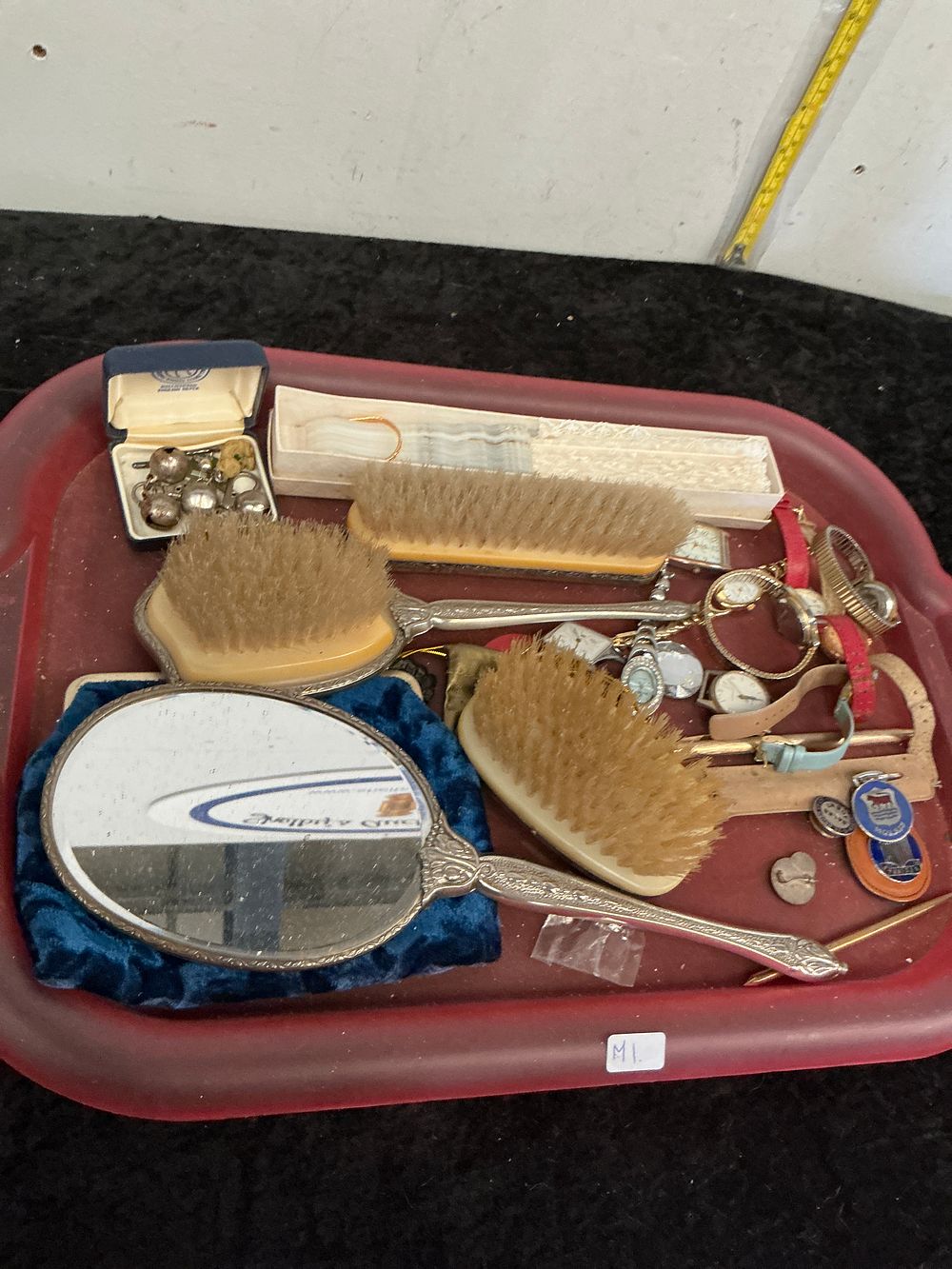 Lot 374: An Assortment of Vintage Personal Accessories and Vanity Items Including a Silver-Plated Dressing Table Set and Various Wristwatches