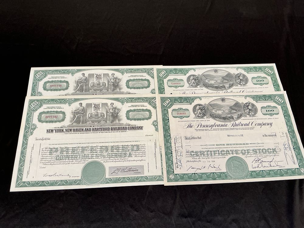 Lot 178: A Collection of American Railroad Stock Certificates including Pennsylvania and New York, New Haven and Hartford Railroad Companies