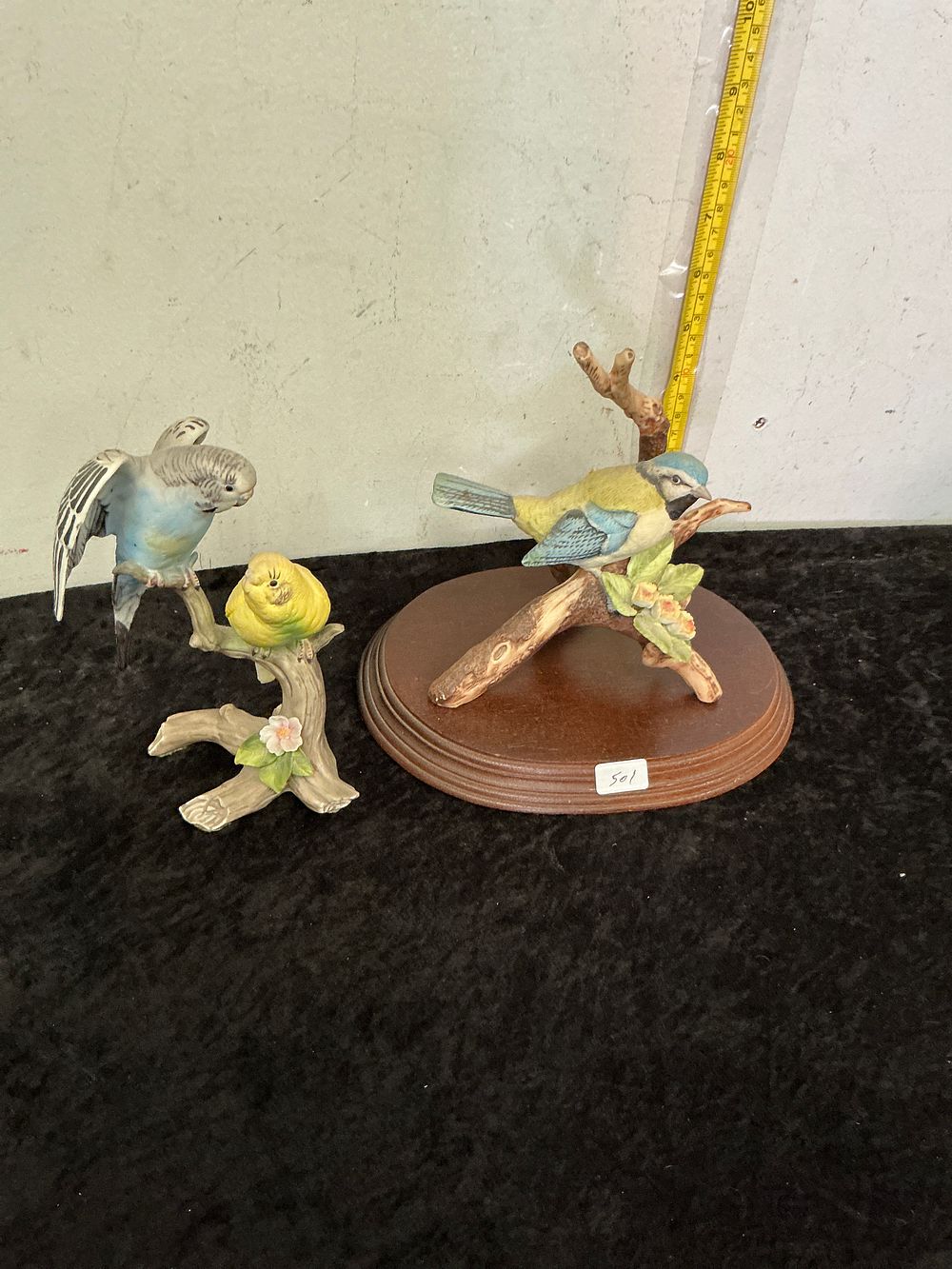 Lot 255: Two Hand-Painted Bisque Porcelain Bird Figurines including a Maruri Budgerigar Group