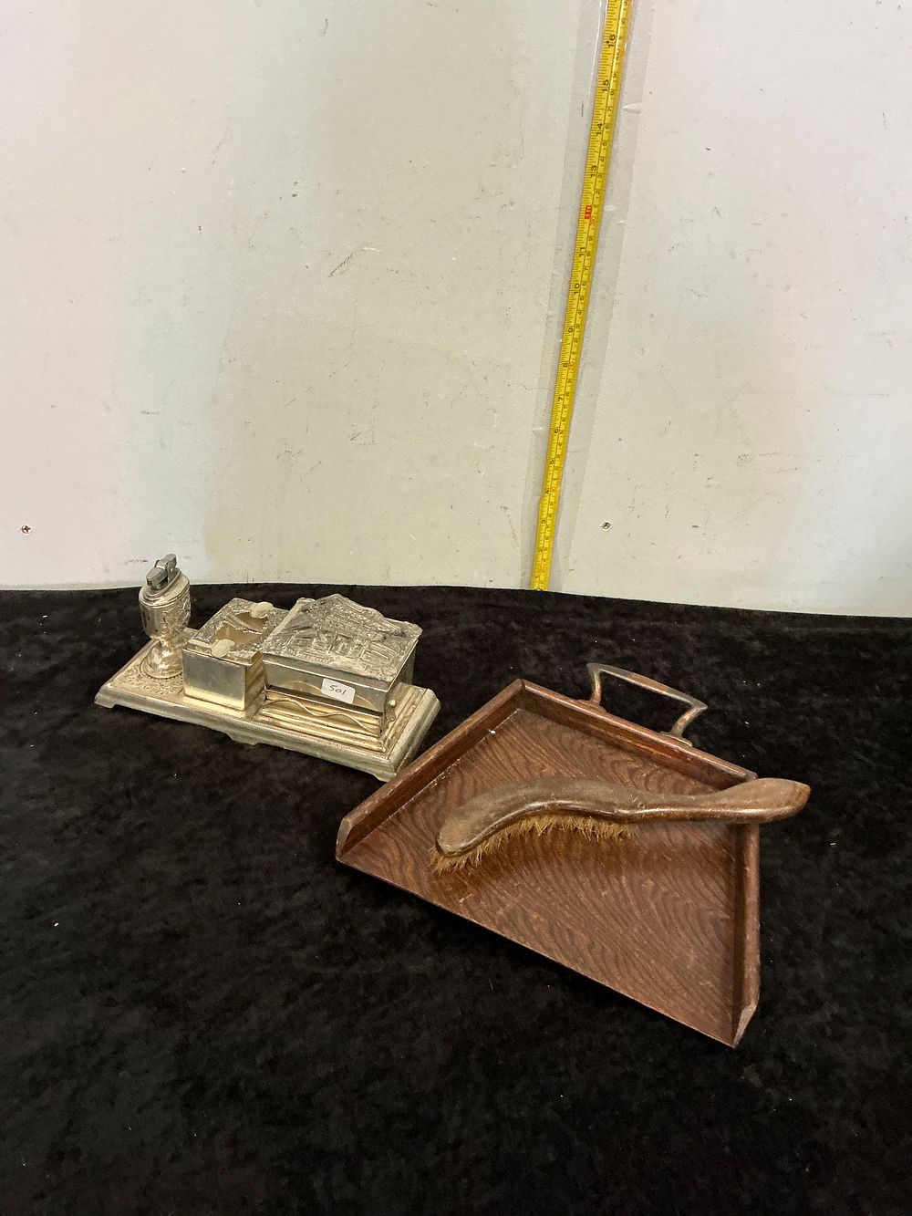 Lot 271: Two Items Comprising an Ornate Silver-Plated Desk Stand and a Wooden Crumb Tray with Brush