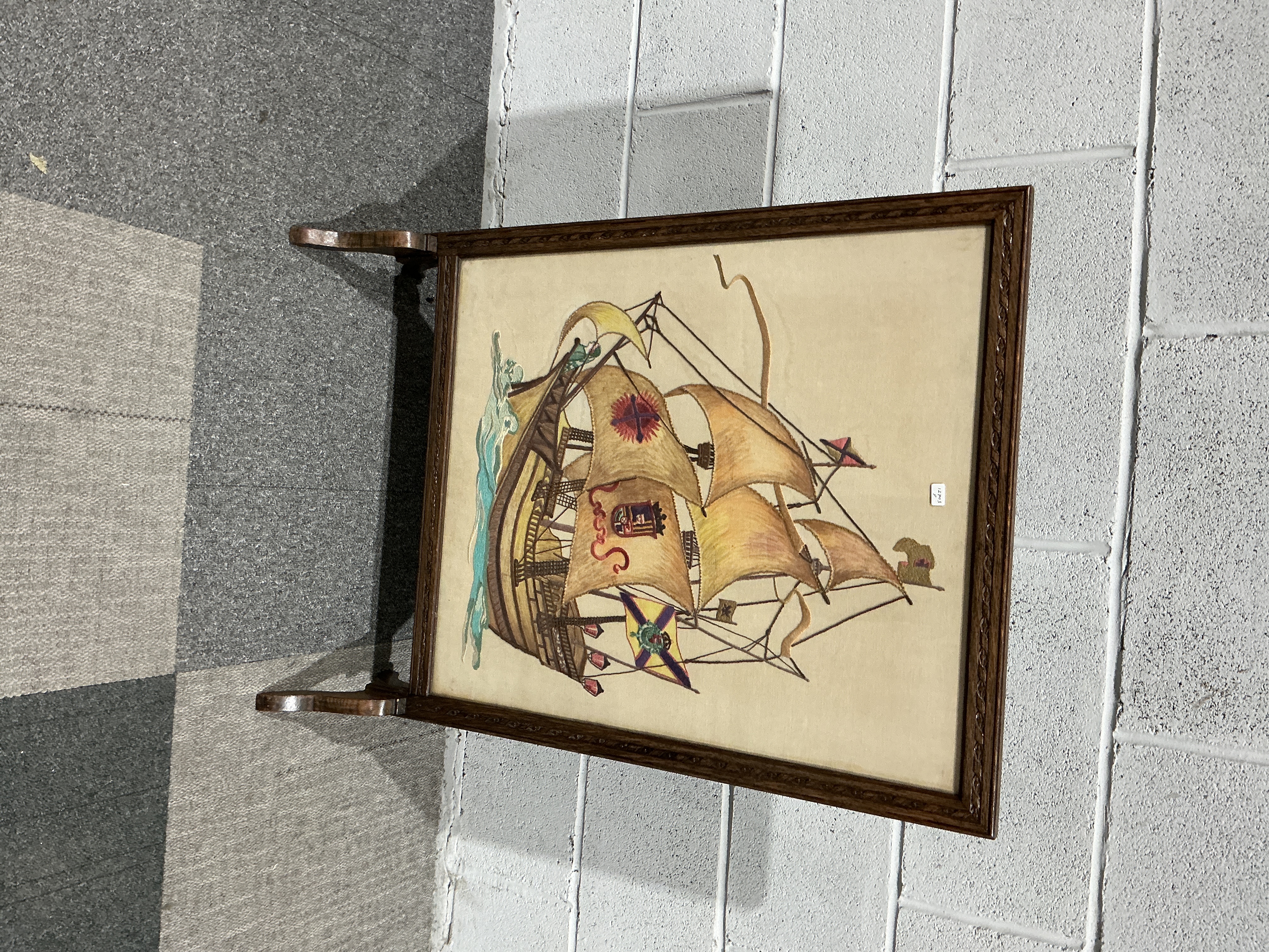Mid-20th Century Mahogany Fire Screen with Needlework Panel of a Spanish Galleon
