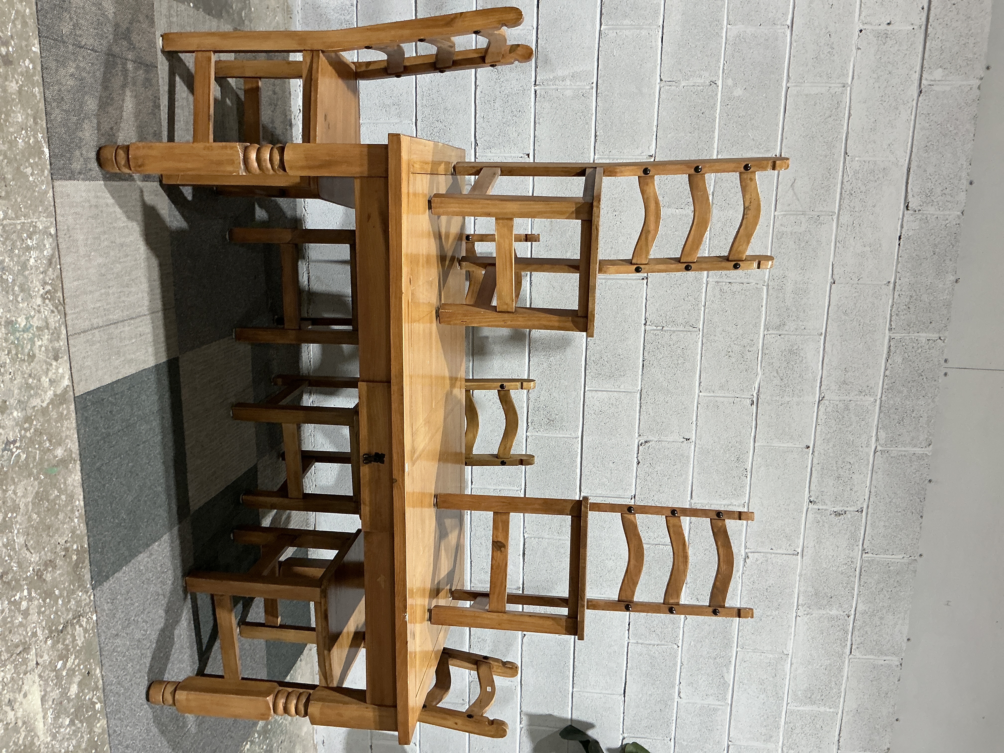 Pine Dining Table and 6 Matching Ladder-Back Chairs