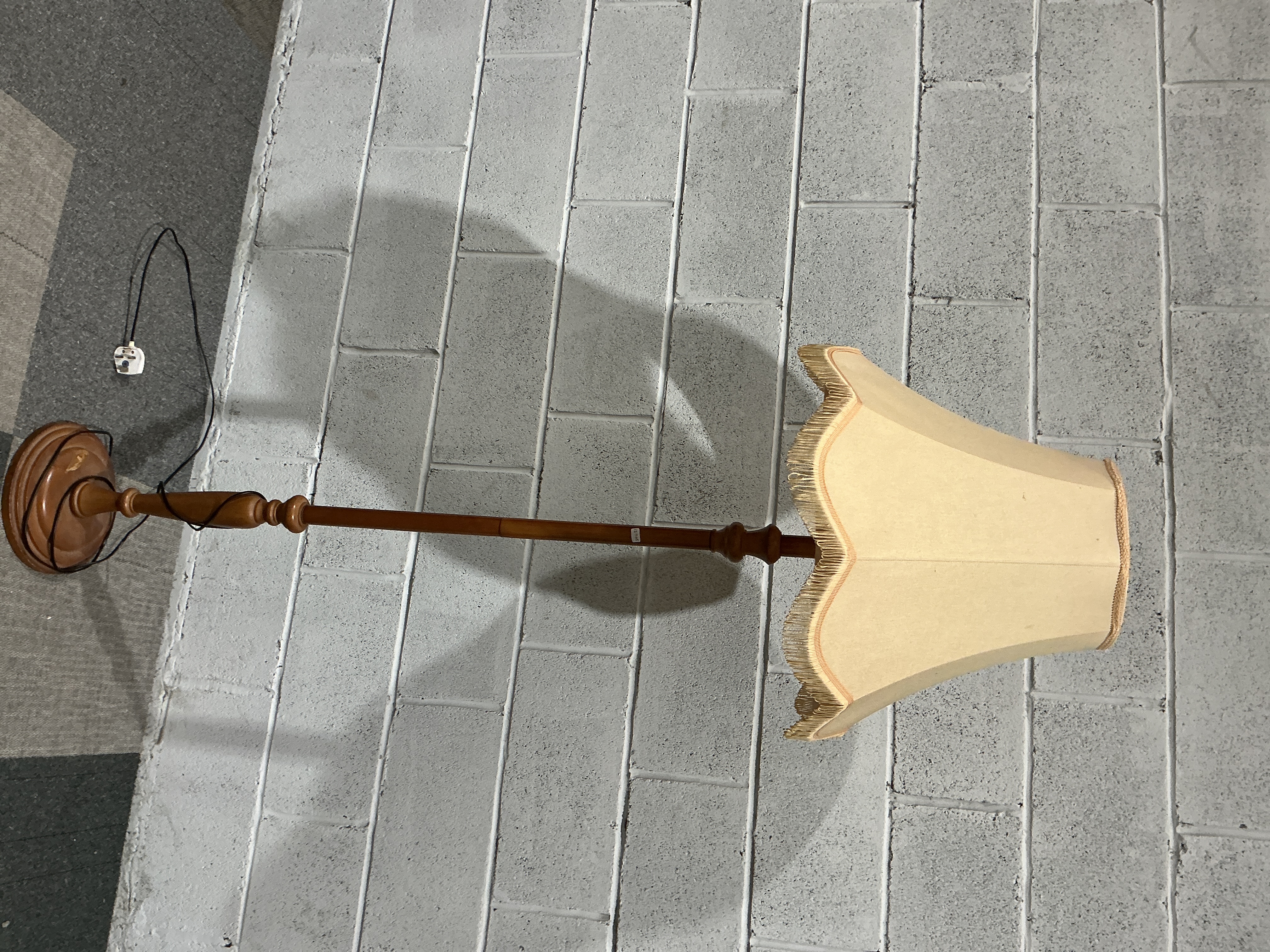 Mid-century Turned Timber Standard Lamp with Scalloped Fabric Shade