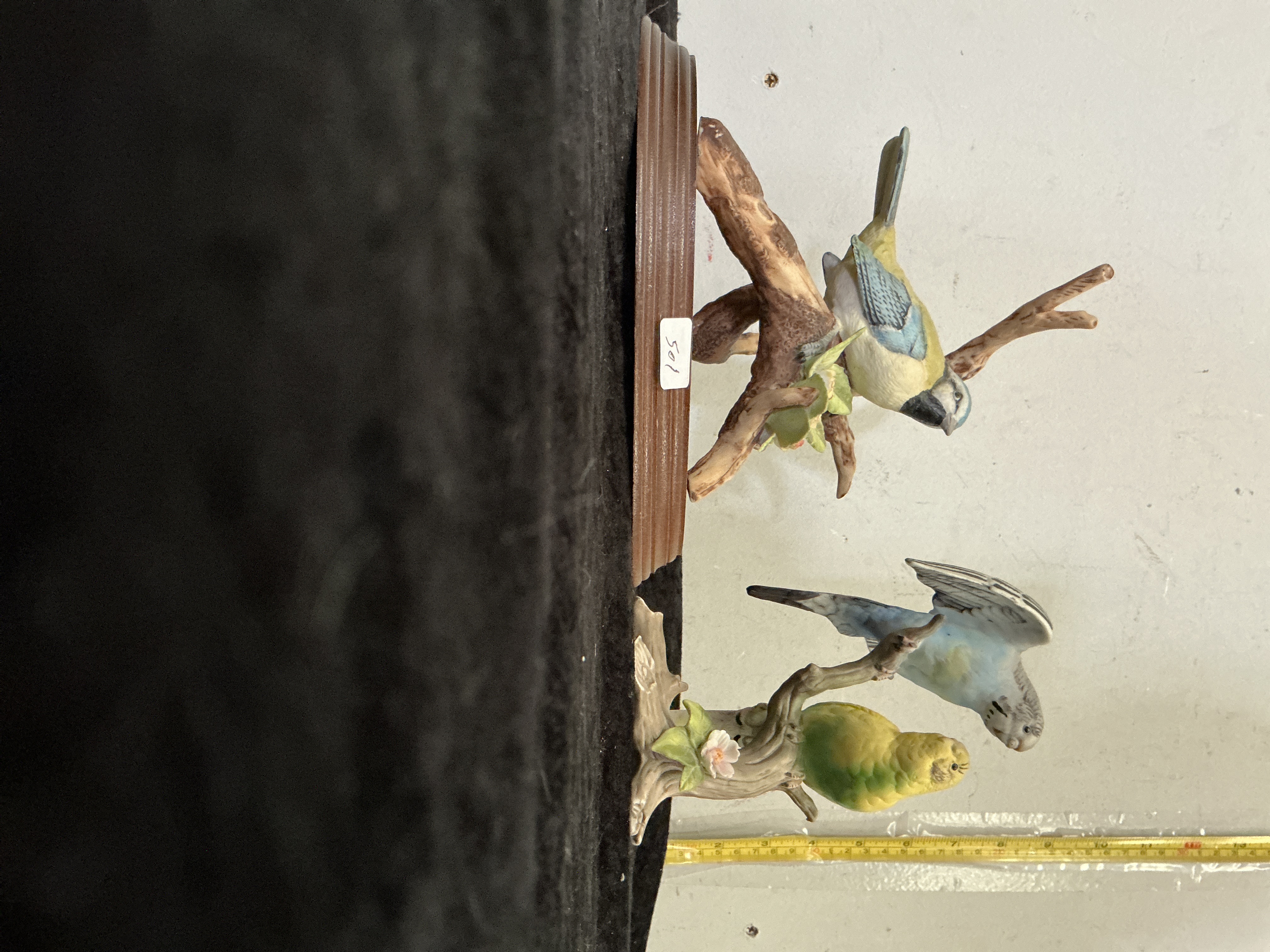 Two Porcelain Bird Figurines including a Maruri Budgerigar Group (budgies have broken wing)