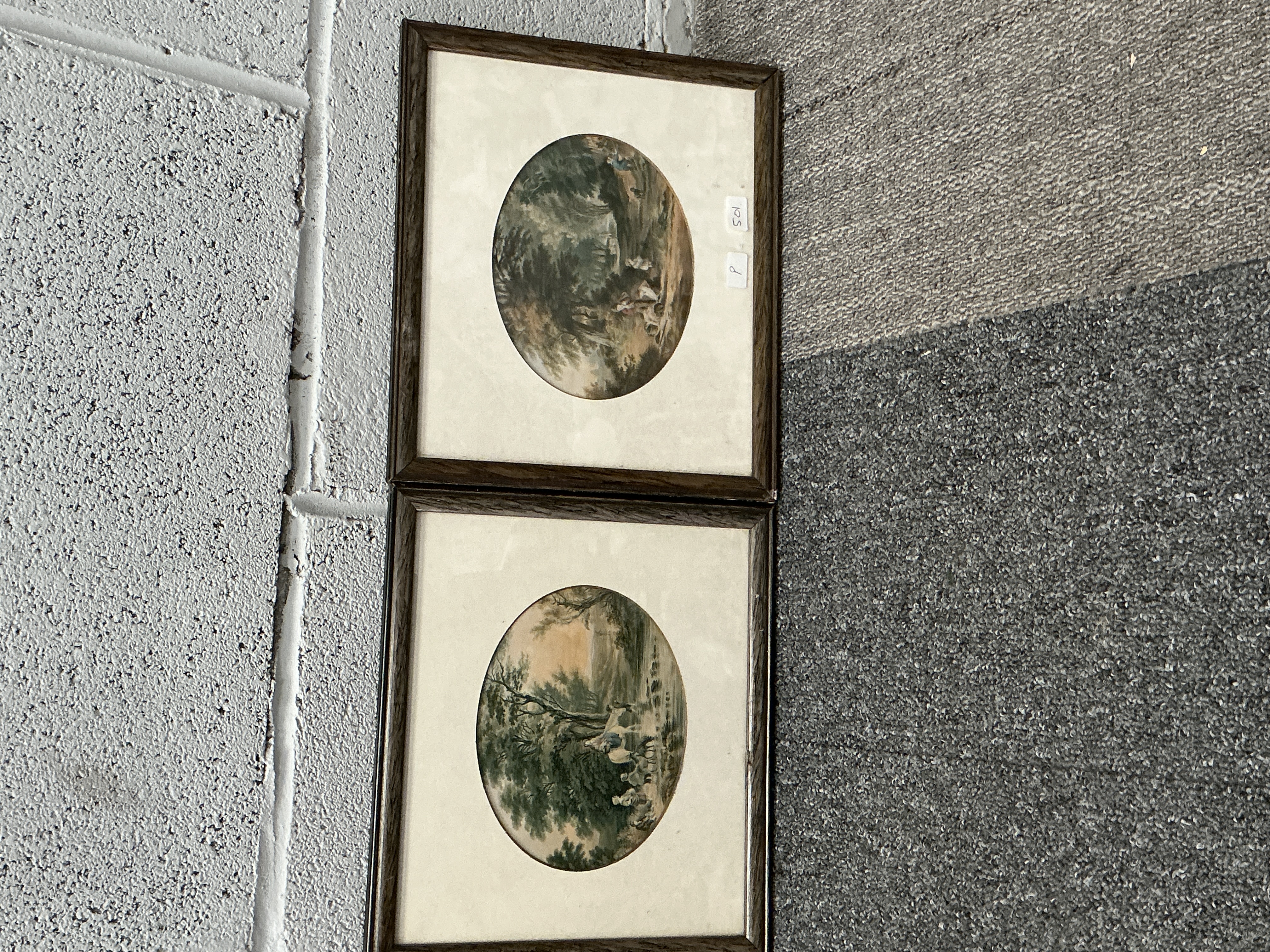 A Pair of Framed Pastoral Landscape Prints in Oval Mounts