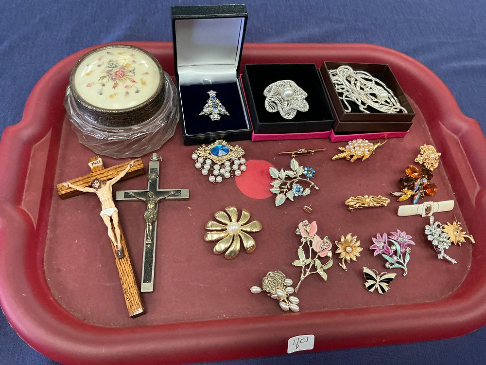 Lot 281: A Collection of Vintage Costume Jewellery Brooches, Decorative Vanity Jar, and Devotional Items