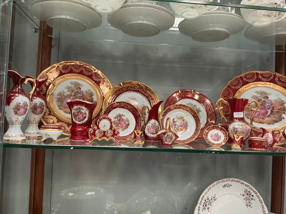 Lot 331: An Assortment of Claret and Gold-Gilt Decorative Porcelain Wares with Courting Couple Scenes limoges