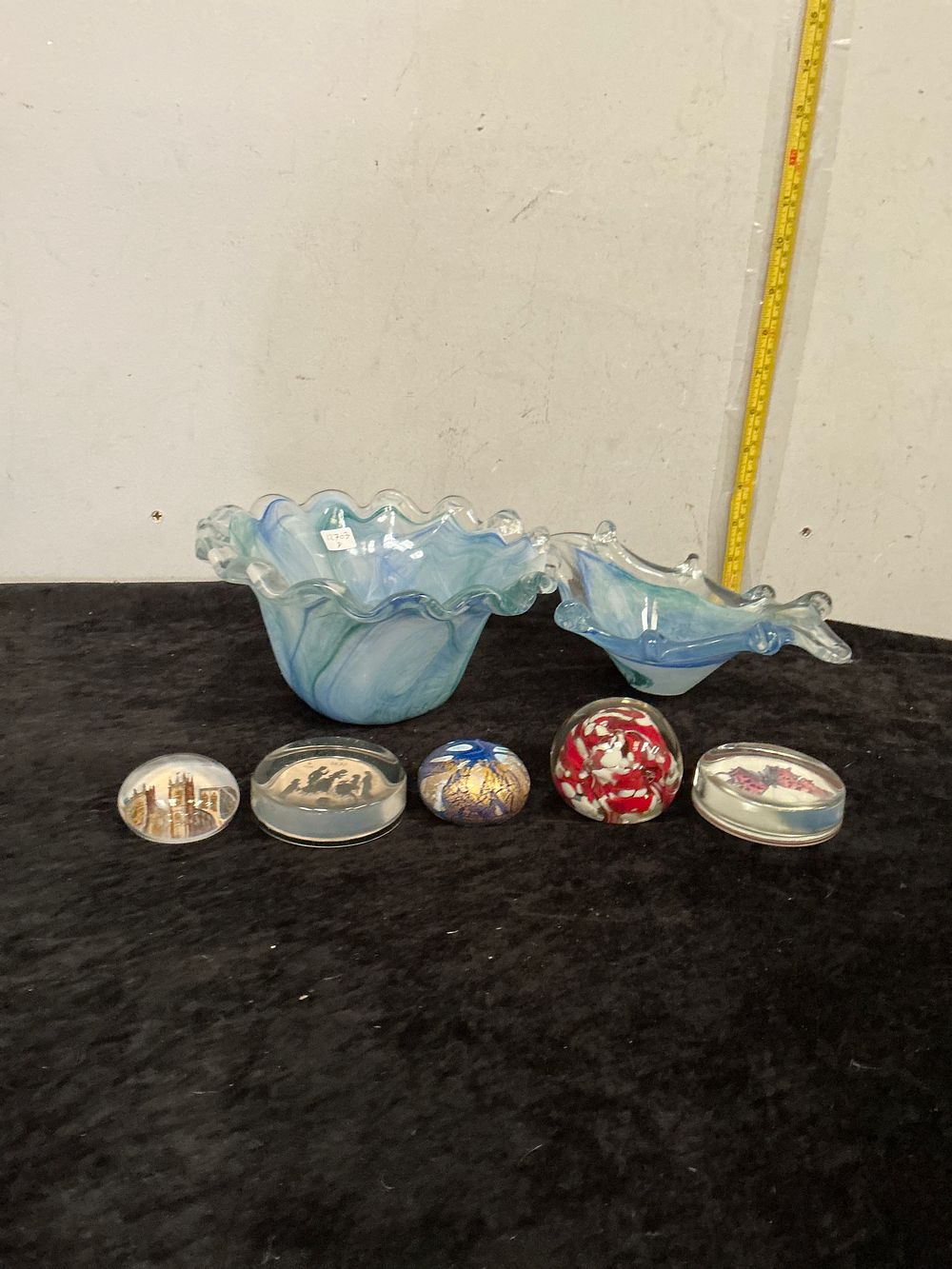 Lot 356: A Collection of Marbled Blue and White Art Glass and Assorted Paperweights