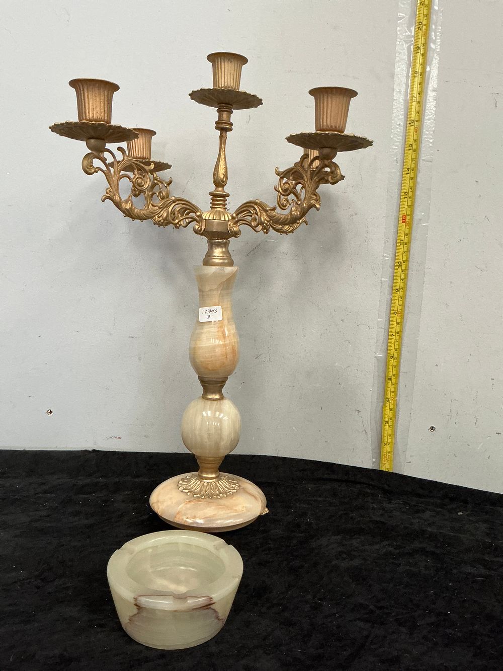 Lot 375: A mid-20th century Rococo Revival style brass and onyx four-light candelabrum and coordinating bowl