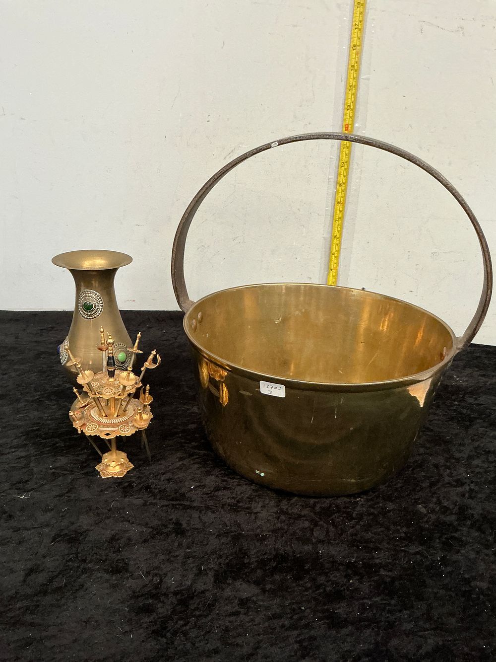Lot 383: Two Brass Metalware Items comprising a Large Swing-Handle Bucket and a Middle Eastern Decorative Sword Vase